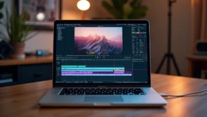 Professional workspace with open MacBook Pro 16-inch displaying color-graded video timeline, aluminum desk, studio lighting, shallow depth of field emphasizing screen quality and design
