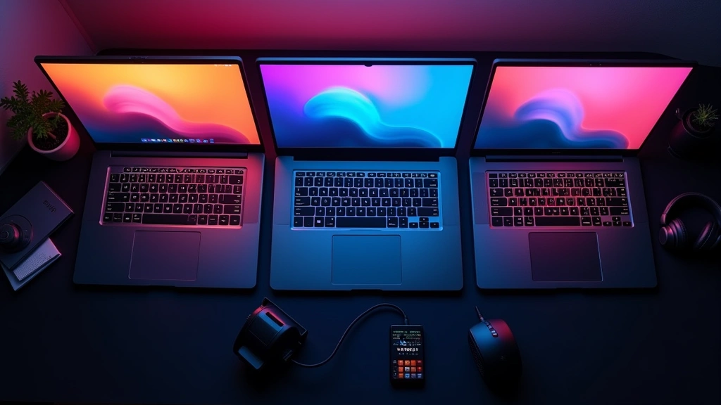 Overhead flat-lay composition of three gaming laptops open side-by-side showing RGB keyboard backlighting, high-refresh displays, minimalist desk setup with gaming peripherals
