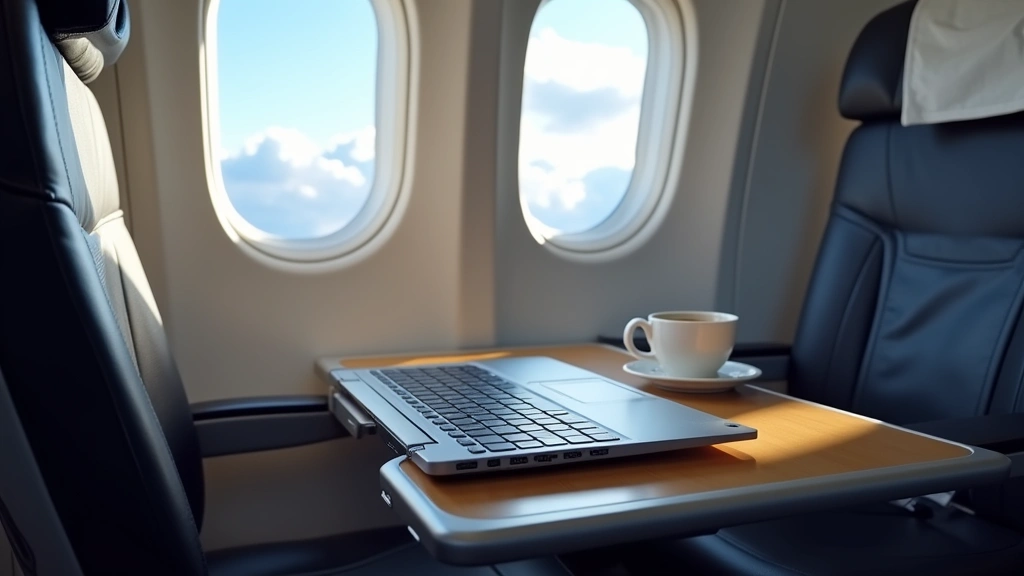 Portable ultrabook laptop (ThinkPad X1) placed on airplane tray table with coffee cup, window showing clouds, emphasizing lightweight design and travel-ready form factor, natural lighting