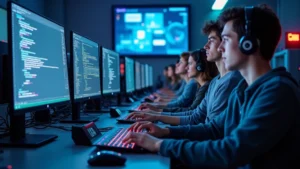 Modern university computer lab with rows of high-performance gaming laptops and dual monitors, students working on coding projects, bright LED lighting, professional IT equipment setup