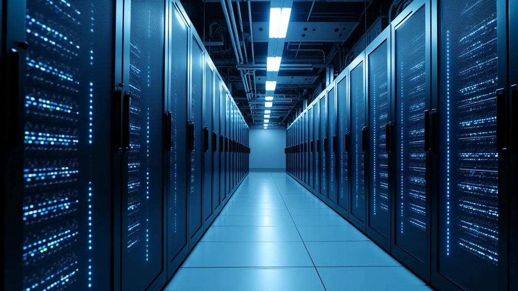 State-of-the-art data center with rows of server racks, fiber-optic cables, blue LED indicators, cooling systems visible, professional infrastructure and redundant power systems