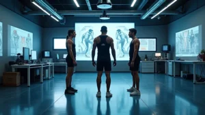 High-tech sports performance laboratory with motion capture cameras, force plates, and biomechanical analysis equipment, athletes wearing sensor suits during training, professional athletic facility with modern technology integration, photorealistic equipment setup