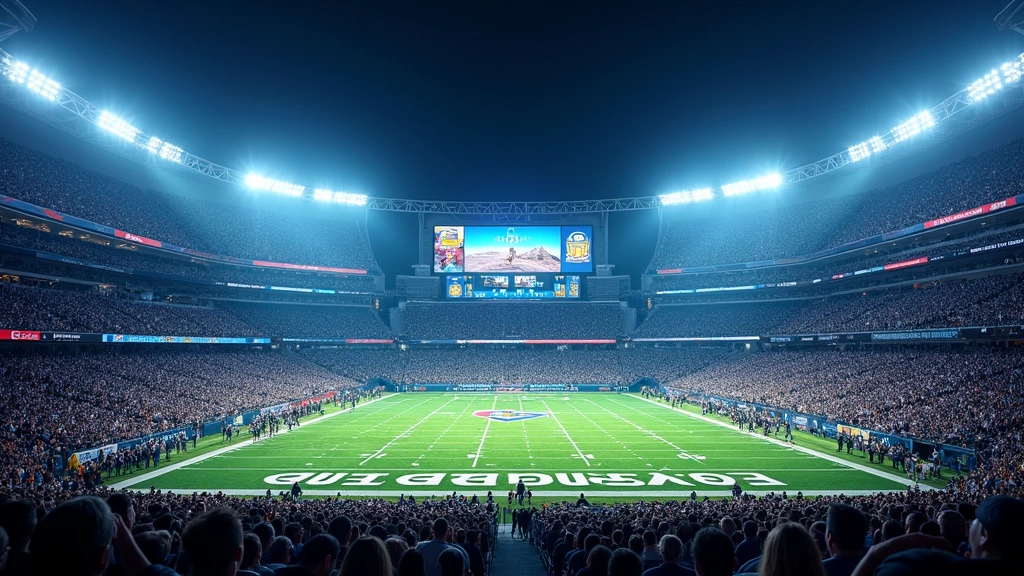 College football stadium interior with advanced LED video displays, digital scoreboards, 5G connectivity infrastructure, crowded stands with fans using mobile devices, modern stadium technology showcase, bright stadium lighting