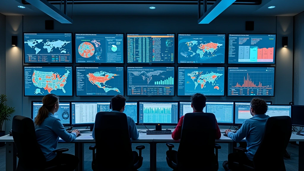 Data analytics center with multiple computer monitors displaying sports performance metrics, heat maps, and statistical analysis, server equipment, tech professionals analyzing athlete data, modern research facility environment