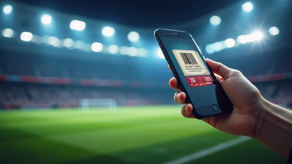 Close-up of modern smartphone displaying mobile ticket with animated barcode, stadium lights blurred in background, professional lighting
