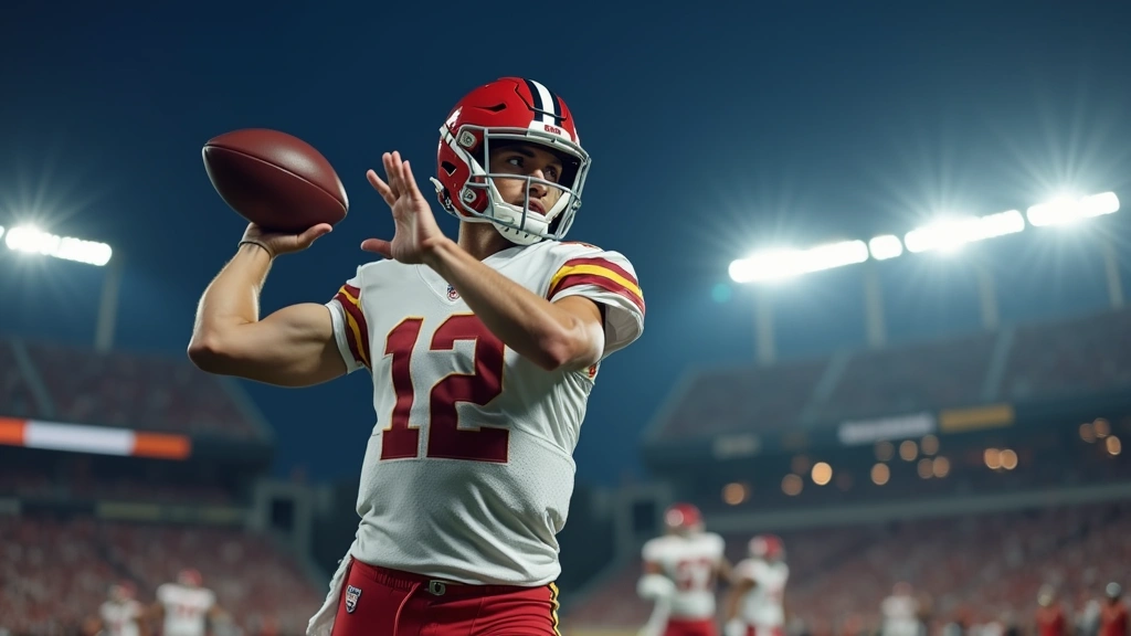 Professional quarterback mid-throw during college football game, stadium lights in background, focused athletic expression, photorealistic action shot