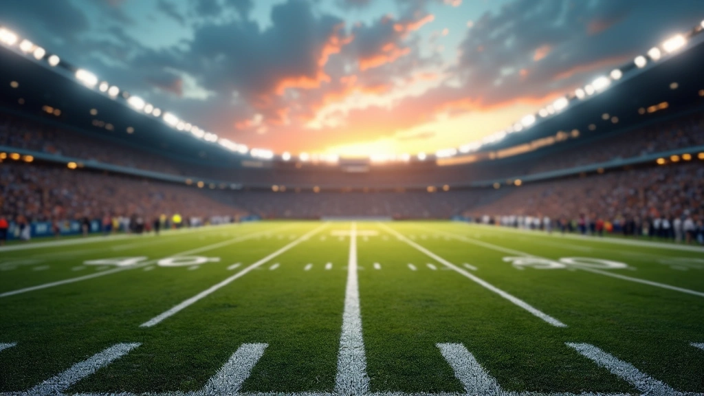 Football field view from sideline during evening game, players lined up for play, field markings visible, realistic sports photography lighting