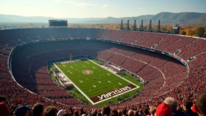 Aerial view of packed college football stadium during game with autumn tailgating scene, thousands of fans in stadium seats, professional sports photography, daytime