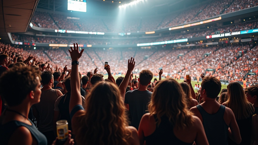 Crowded stadium concourse with fans holding beverages and merchandise, vibrant game day atmosphere, diverse group of spectators, indoor stadium lighting, social gathering energy