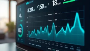 Sleek digital energy monitoring display showing real-time electricity consumption graphs and usage statistics on a modern home dashboard interface, photorealistic