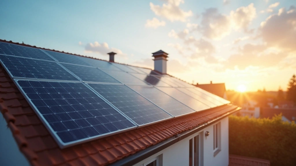 Residential rooftop solar panel array installation during golden hour with blue sky, demonstrating modern home renewable energy system, photorealistic
