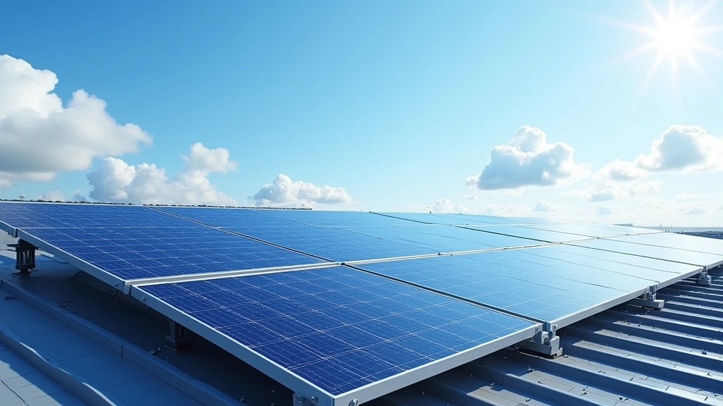 Photorealistic image of advanced solar panel array installation on rooftop with blue sky and clouds, showing modern photovoltaic technology detail