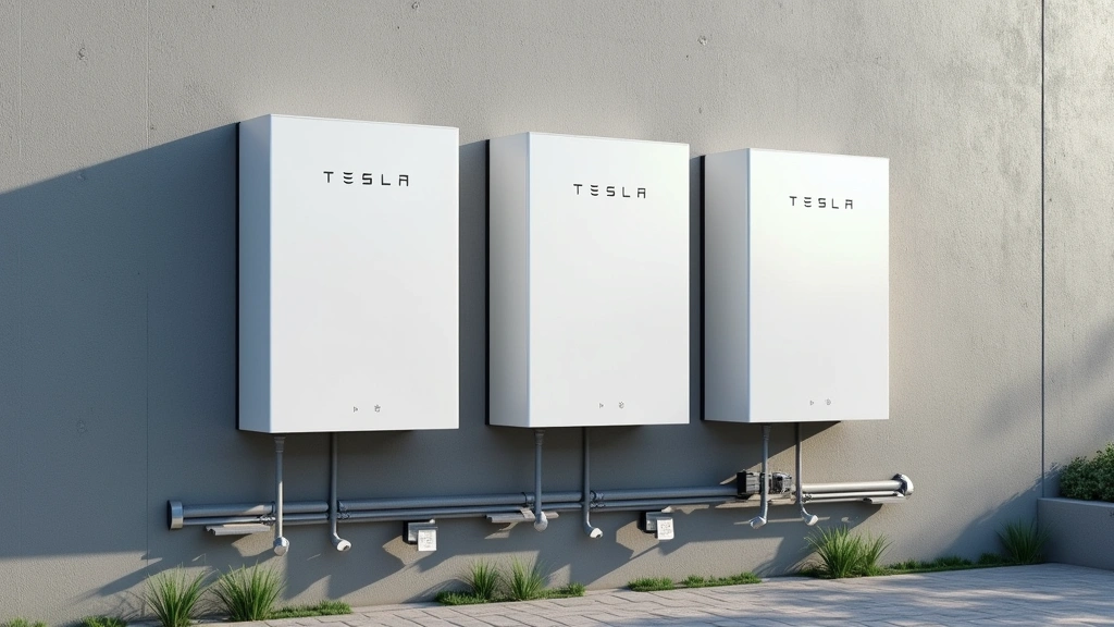 Photorealistic modern battery storage system with Tesla Powerwall units mounted on building wall, showing clean energy storage infrastructure