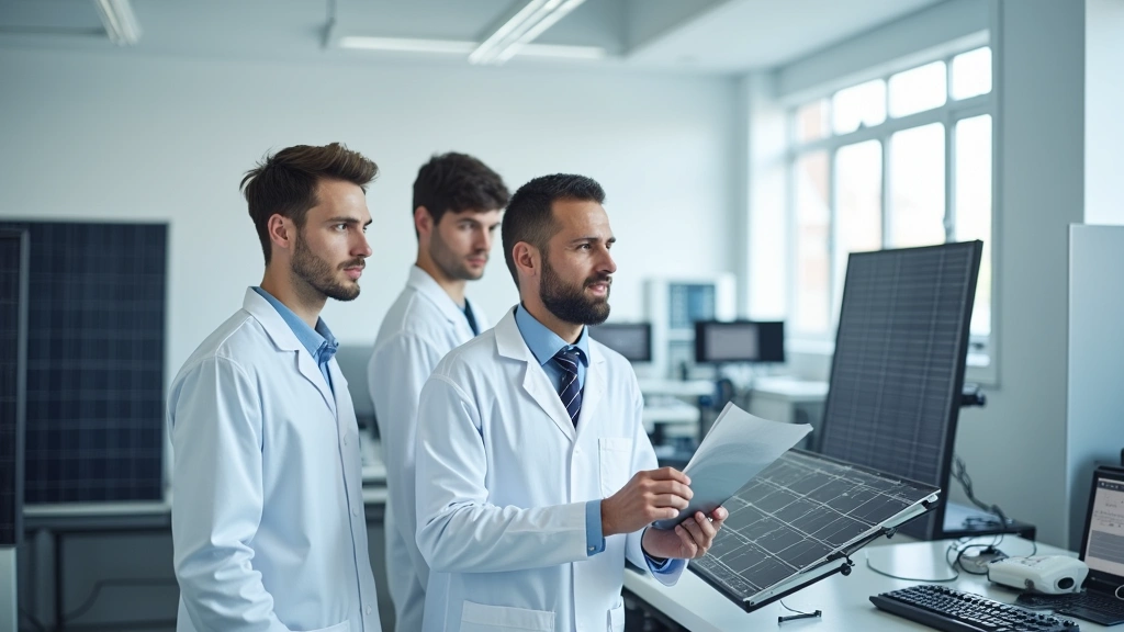 Professional engineers in modern renewable energy laboratory with solar panel prototypes and advanced testing equipment, photorealistic, bright white lab setting with technical instruments and monitors