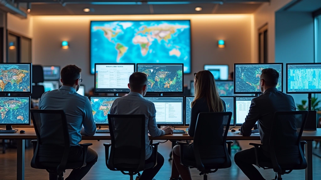Diverse team of climate scientists and data analysts collaborating at standing desks with multiple computer monitors displaying climate models and carbon data visualizations, modern office environment