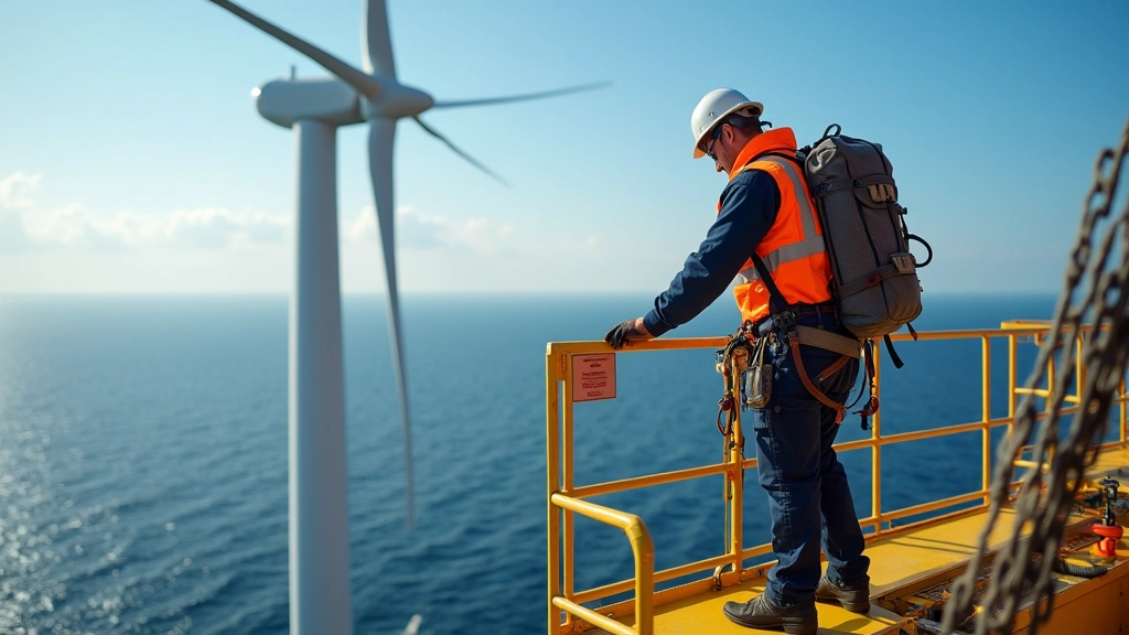 Wind turbine technician working on large offshore wind farm installation with advanced climbing equipment, ocean backdrop, detailed technical work environment