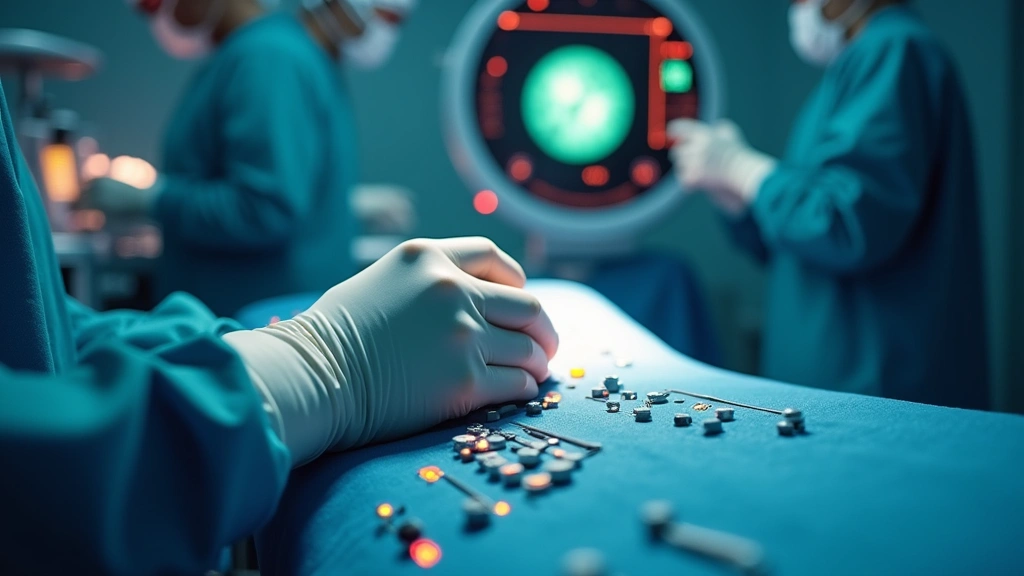 Close-up of surgeon's hands operating advanced robotic surgical console with precision instruments and digital displays showing real-time surgical field data in operating room