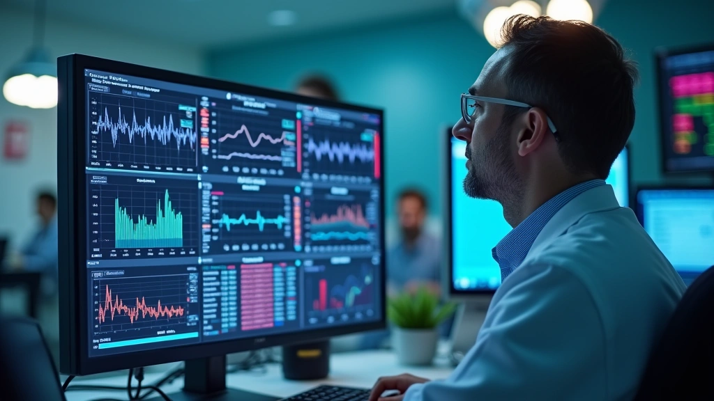 Physician reviewing multiple patient monitoring dashboards on hospital workstation displaying wearable device data, heart rate trends, oxygen saturation graphs, and clinical alerts