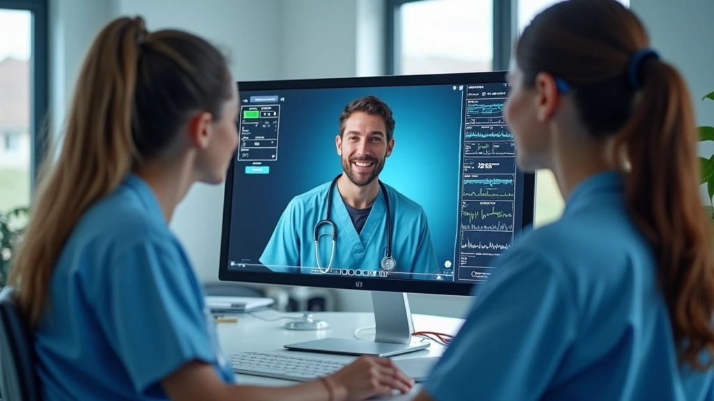 Healthcare provider during telemedicine consultation using HD video call system with integrated vital signs monitor showing real-time patient data on modern computer display