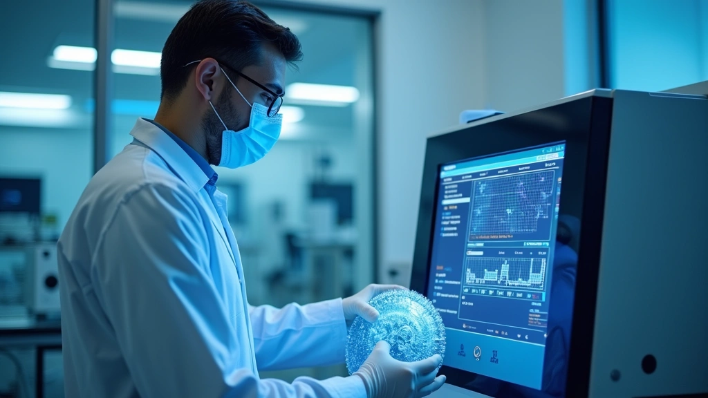 Modern clinical laboratory with automated hematology analyzer displaying digital results screen, technician in white coat working with specimen carousel, professional healthcare environment with blue lighting