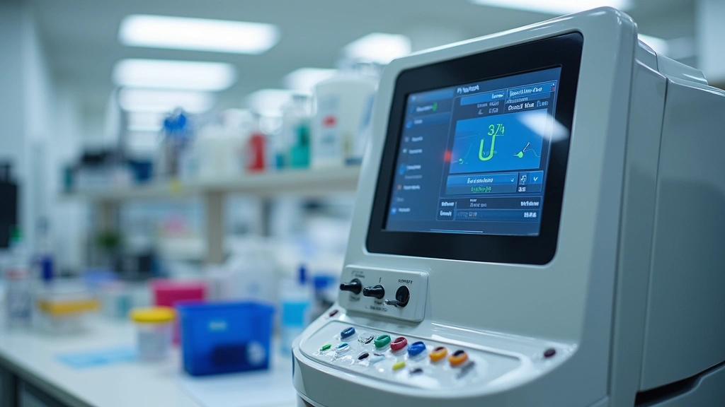 Sophisticated chemistry analyzer instrument with integrated touch screen interface, reagent cartridges visible, modern laboratory counter with organized equipment, professional medical facility background