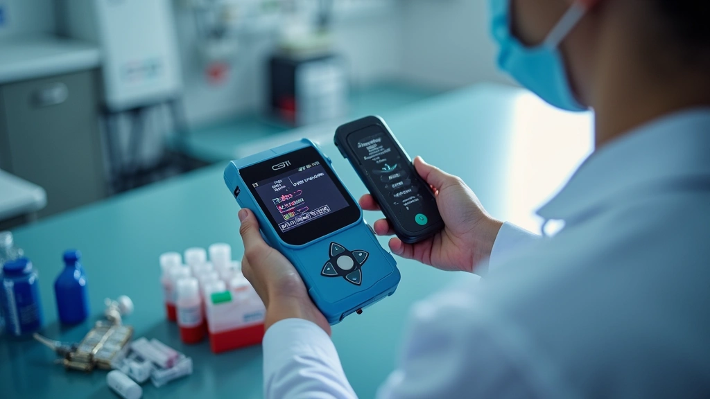 Point-of-care testing device with handheld analyzer showing digital display, blood specimen collection supplies nearby, emergency department or bedside clinical setting, modern healthcare technology