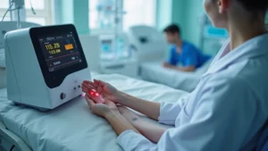 Clinical laboratory technician using portable blood analyzer device on patient bedside, modern hospital setting with digital display screen showing test results