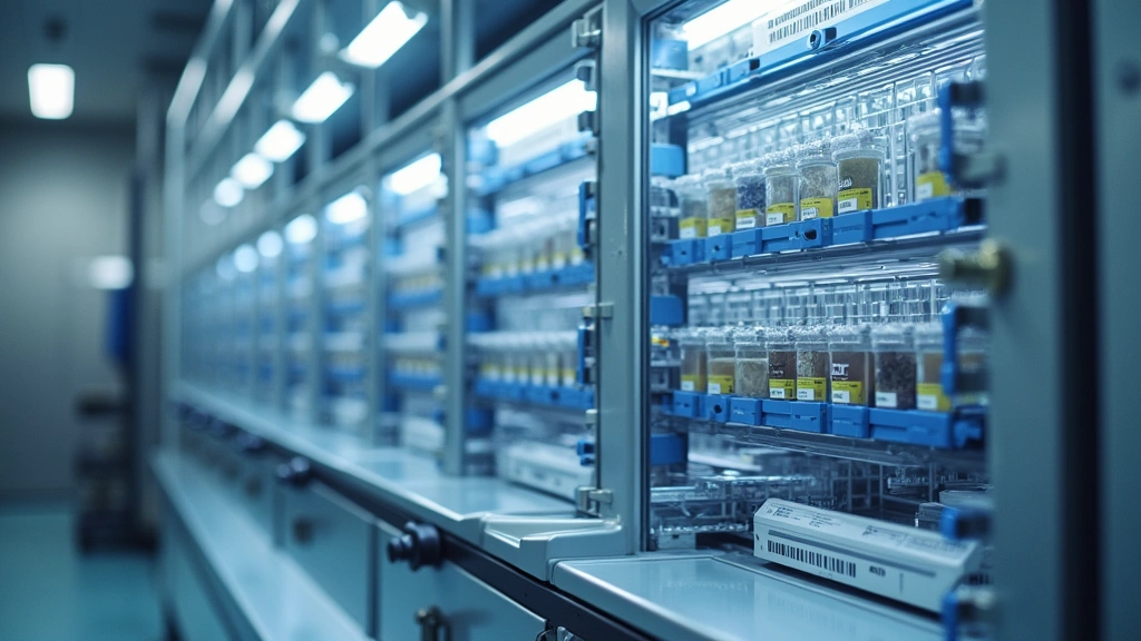 Advanced automated laboratory specimen processing system with barcode scanners and pneumatic tube network, organized medical specimens in racks moving through machinery
