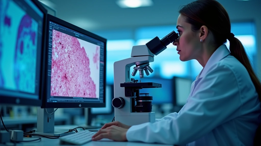 Healthcare professional reviewing digital microscopy images on high-resolution monitor in clinical laboratory, pathology analysis workstation with multiple data screens