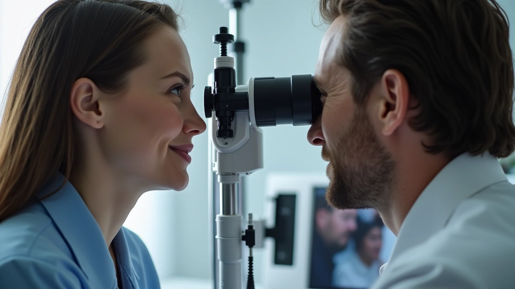Clinical trial participant receiving smart contact lens fitting examination with slit lamp biomicroscope, professional ophthalmology clinic setting, eye macro photography visible through microscope view