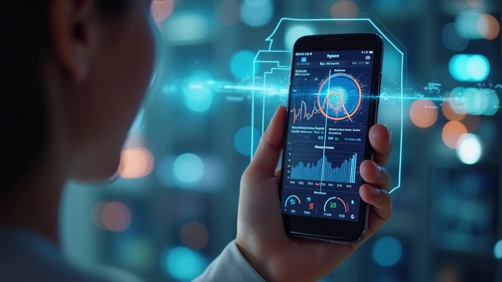 Smartphone displaying real-time glucose monitoring data and augmented reality interface connected to smart contact lens wearer, dashboard with health metrics graphs and AR navigation overlay on screen