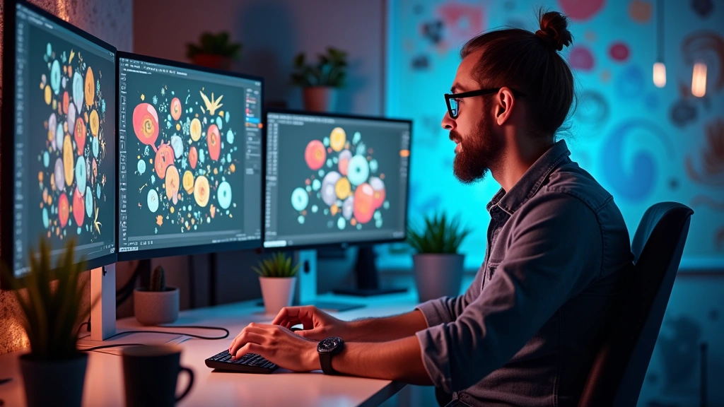 Modern designer working on computer with colorful clip art elements and digital design interface visible on screen, professional workspace with multiple monitors showing design software