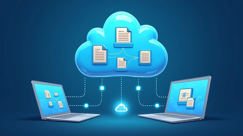 Cloud storage visualization with digital assets flowing between devices—laptop, tablet, smartphone—showing seamless synchronization and collaboration in real-time