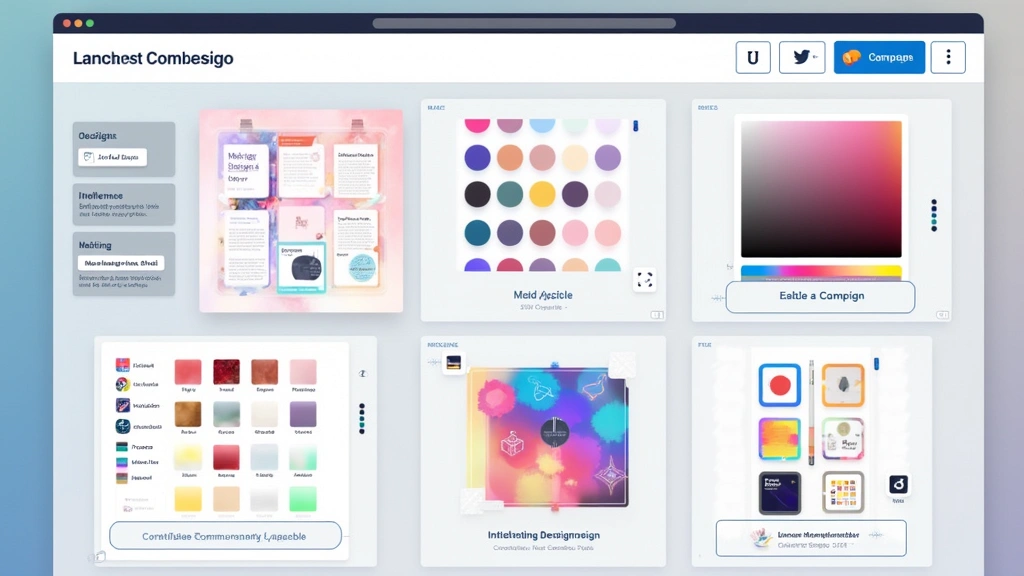 AI-powered design assistant interface displaying intelligent design suggestions, color palettes, and layout recommendations for a marketing campaign project