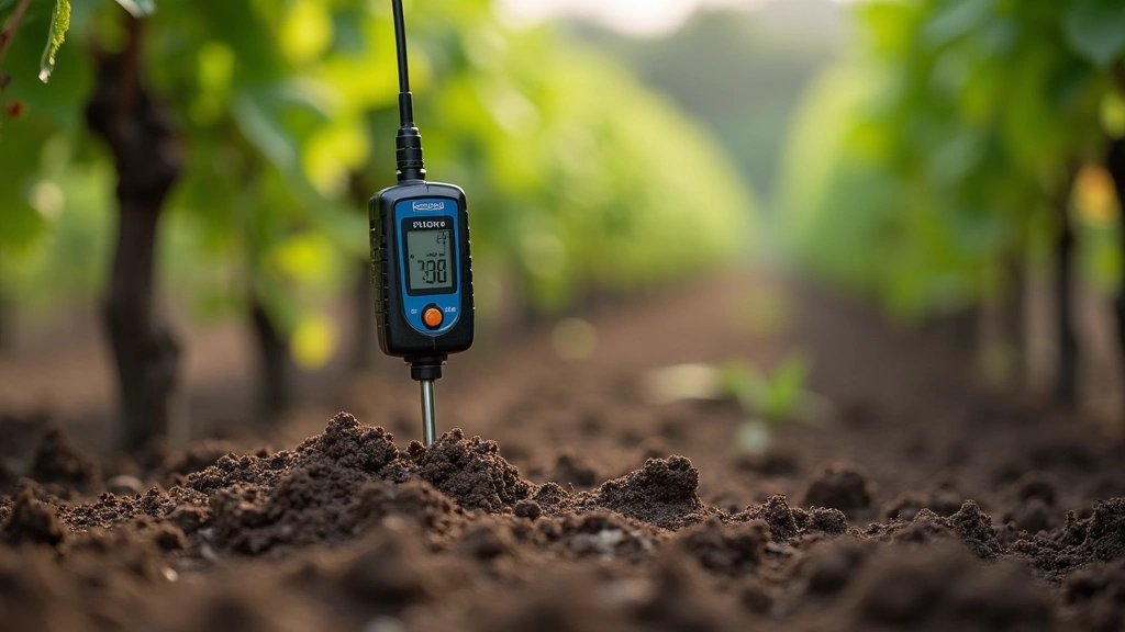 Close-up of soil moisture sensor probe inserted into dark vineyard soil with green grapevines blurred in background, professional agricultural technology equipment