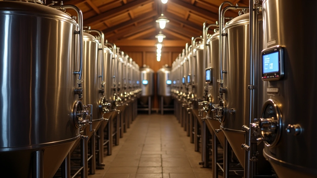Stainless steel fermentation tanks in wine cellar with digital temperature display screens and monitoring equipment mounted on vessel sides, atmospheric cellar lighting