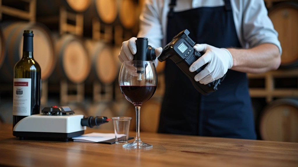 Winemaker holding handheld refractometer and pH meter devices over wine sample glass, professional laboratory testing equipment on wooden cellar table
