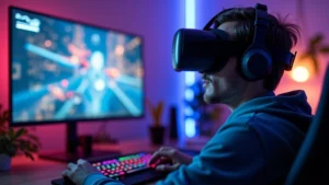 Professional gamer wearing Meta Quest 3 headset in modern gaming room with RGB lighting, playing immersive VR game, photorealistic high quality