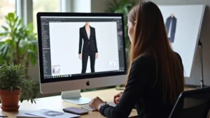 Professional fashion designer working at computer with 3D design software showing digital garment model, modern studio workspace with tablet and design references, natural lighting