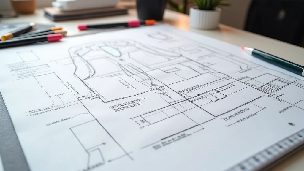 Close-up of detailed technical flat sketch on designer's desk showing precise measurements, seam details, and construction specifications with ruler and colored markers