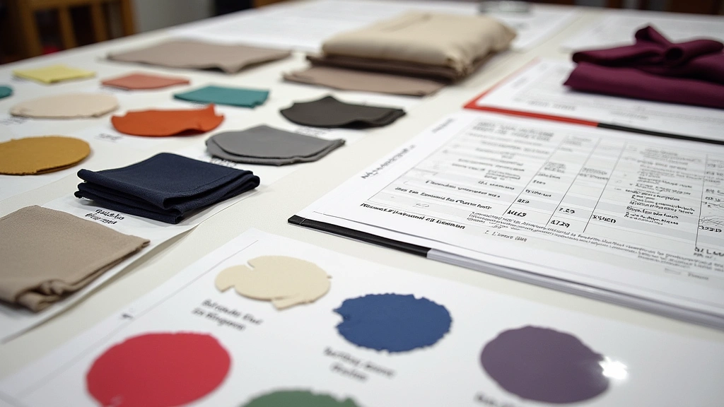 Fabric swatches and trim samples organized on table with color-coded labels, Pantone guides, and specification sheets for quality reference documentation