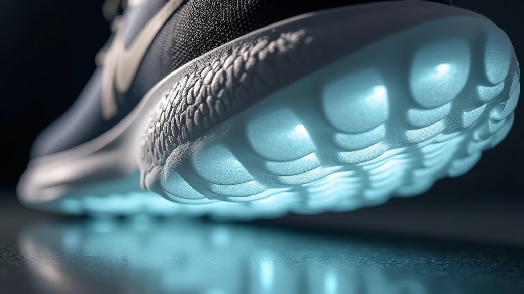 Close-up of running shoe midsole showing cloud pod technology cushioning elements from side angle, white and grey foam materials visible, professional product photography lighting