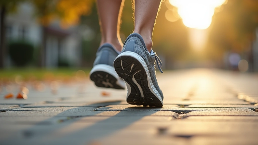 Runner's feet mid-stride on urban pavement wearing modern running shoes, showing ground contact and cushioning compression, morning light, clear focus on shoe sole interaction