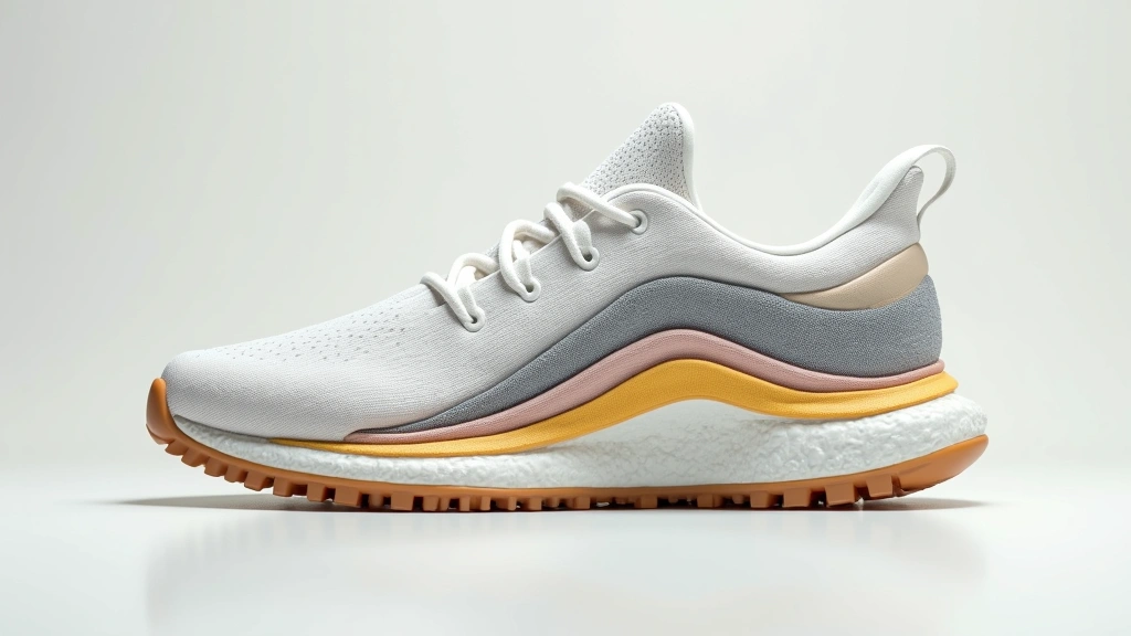 Detailed cross-section view of shoe midsole structure displaying layered foam cushioning materials and responsive elements, technical product photography with neutral background