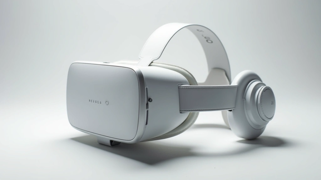 Close-up of Meta Quest 3 VR headset showing white color and front-facing controllers, professional photography with studio lighting on neutral background