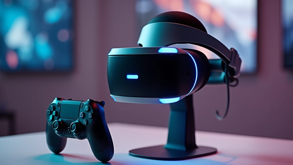 PlayStation VR2 headset mounted on display stand with DualSense controller in foreground, showing sleek black design and OLED display technology