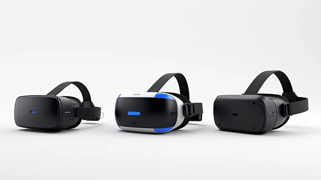 Comparison shot of three VR headsets lined up showing different designs: compact standalone unit, premium tethered system, and enterprise-focused model with varied form factors
