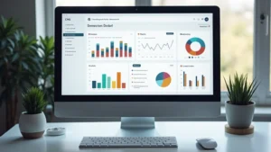 High-resolution photograph of computer monitor displaying CMS dashboard interface with content management tools and analytics charts, minimalist desk setup with keyboard and mouse, professional tech environment