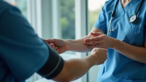Close-up of certified nursing assistant hands performing vital signs check on patient's arm using blood pressure cuff in clinical setting, professional medical environment, realistic lighting