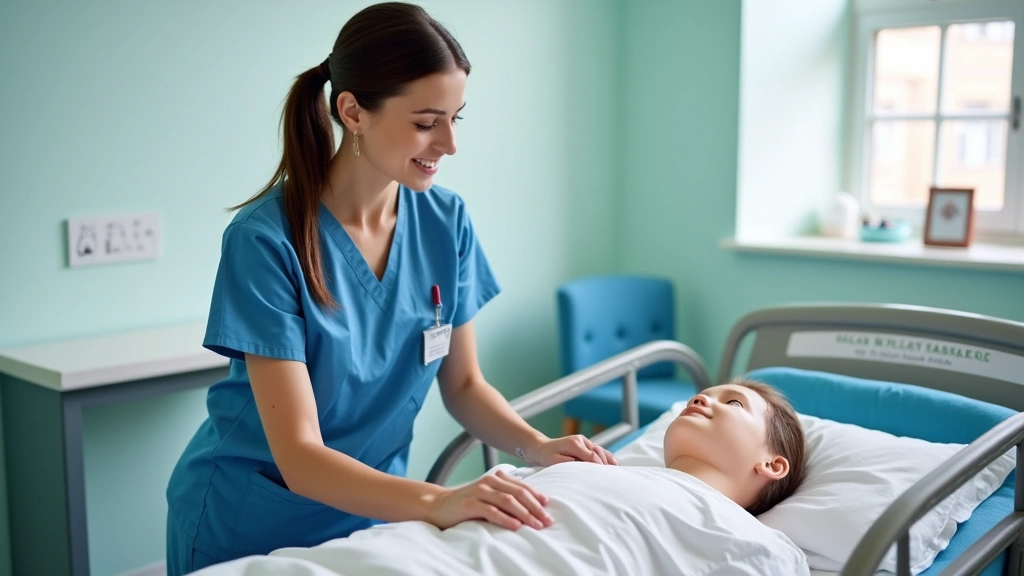 Nursing student in scrubs performing patient transfer techniques with dummy in hospital training room, demonstrating proper body mechanics and patient handling skills